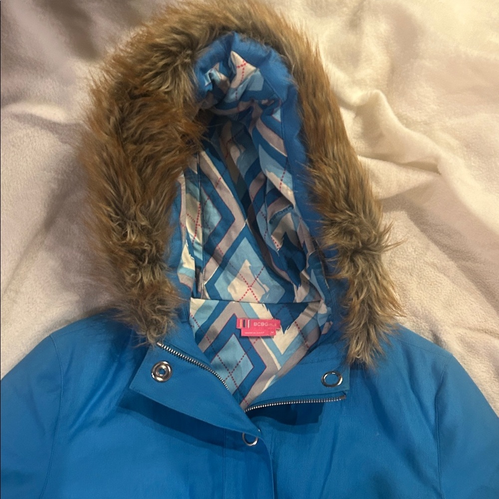 BCBGirls Blue Bomber Jacket with Faux Fur Hood